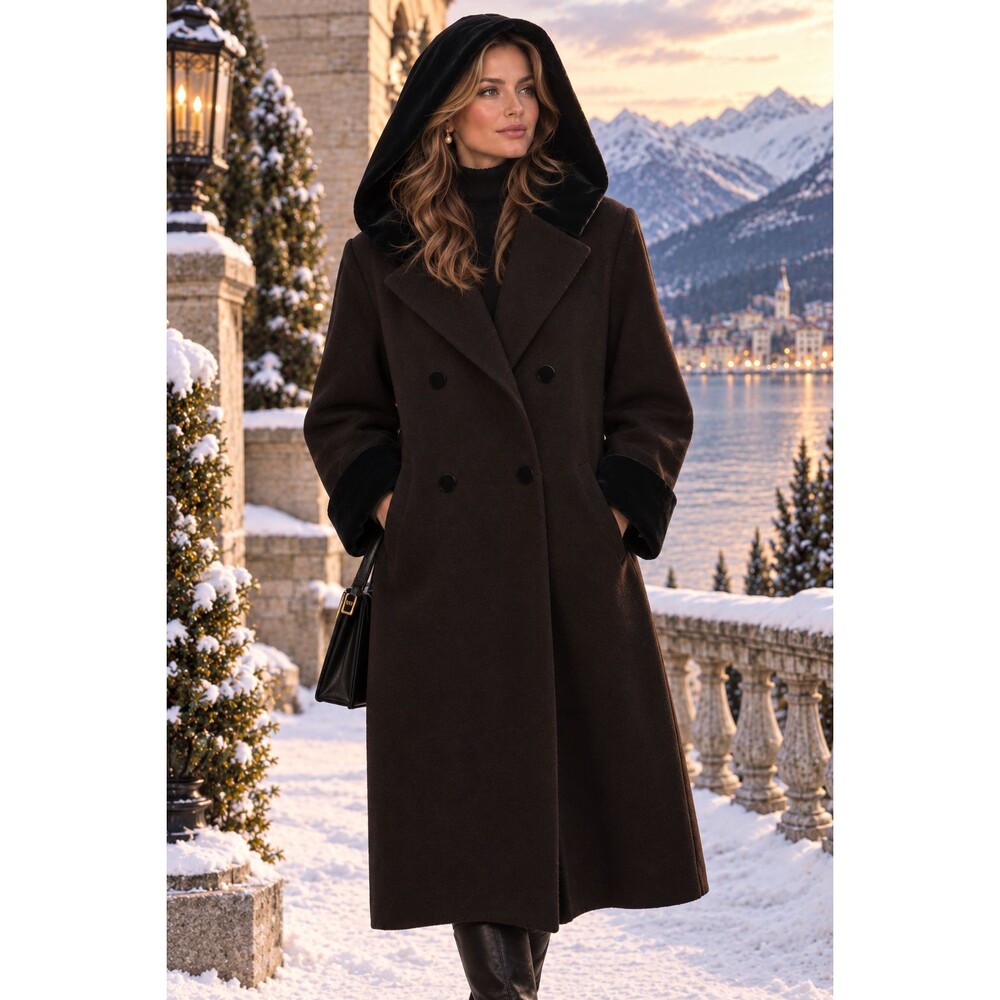 Vtg Herman Kay Women’s Wool Coat Medium Long Hooded Double-breasted Brown Blk